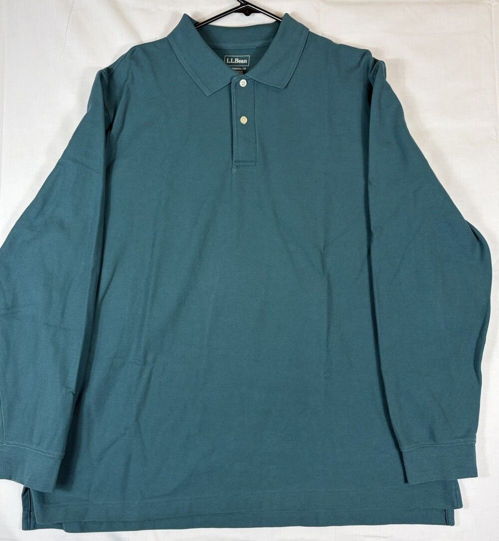 LL Bean Polo Shirt L/S Cotton Traditional Fit Teal  Green Men’s XL Regular